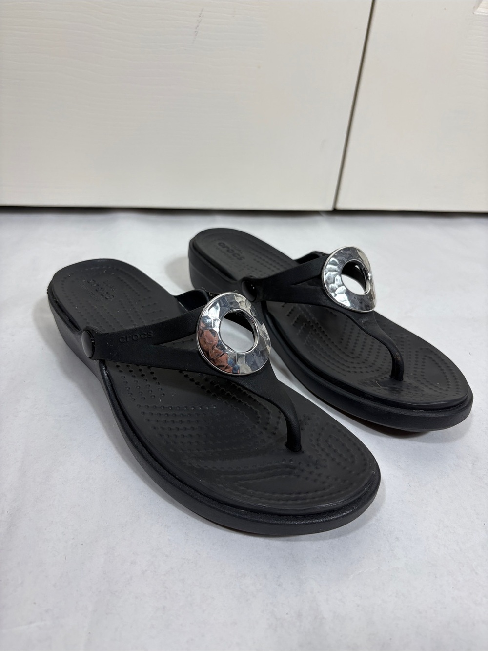 CROCS Black Sanrah Sandals with Silver Ring Accent